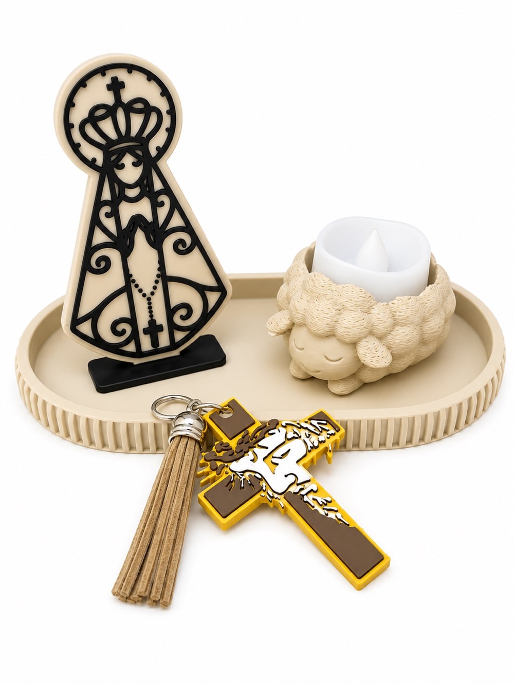 Home Accents Beige Decorative Tray with Religious Figurine and Sheep Tealight
